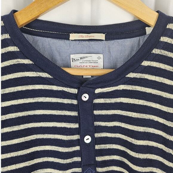 GANT RUGGER “THE BRETON” MEN’S LONG SLEEVE SHIRT – NAVY/WHITE STRIPES – SIZE M - Picture 2 of 11